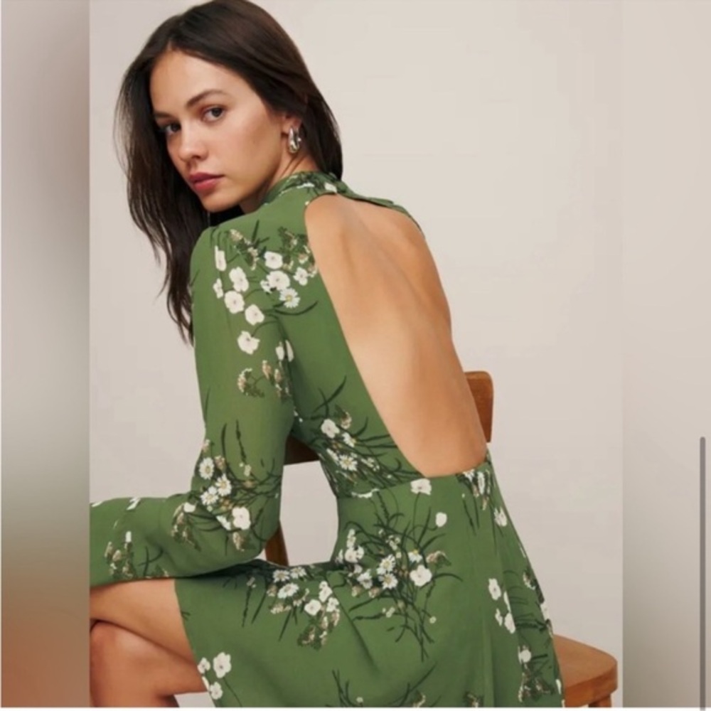 NWT Reformation Persis Dress in lomita green floral mockneck long sleeve 8 - Picture 1 of 9
